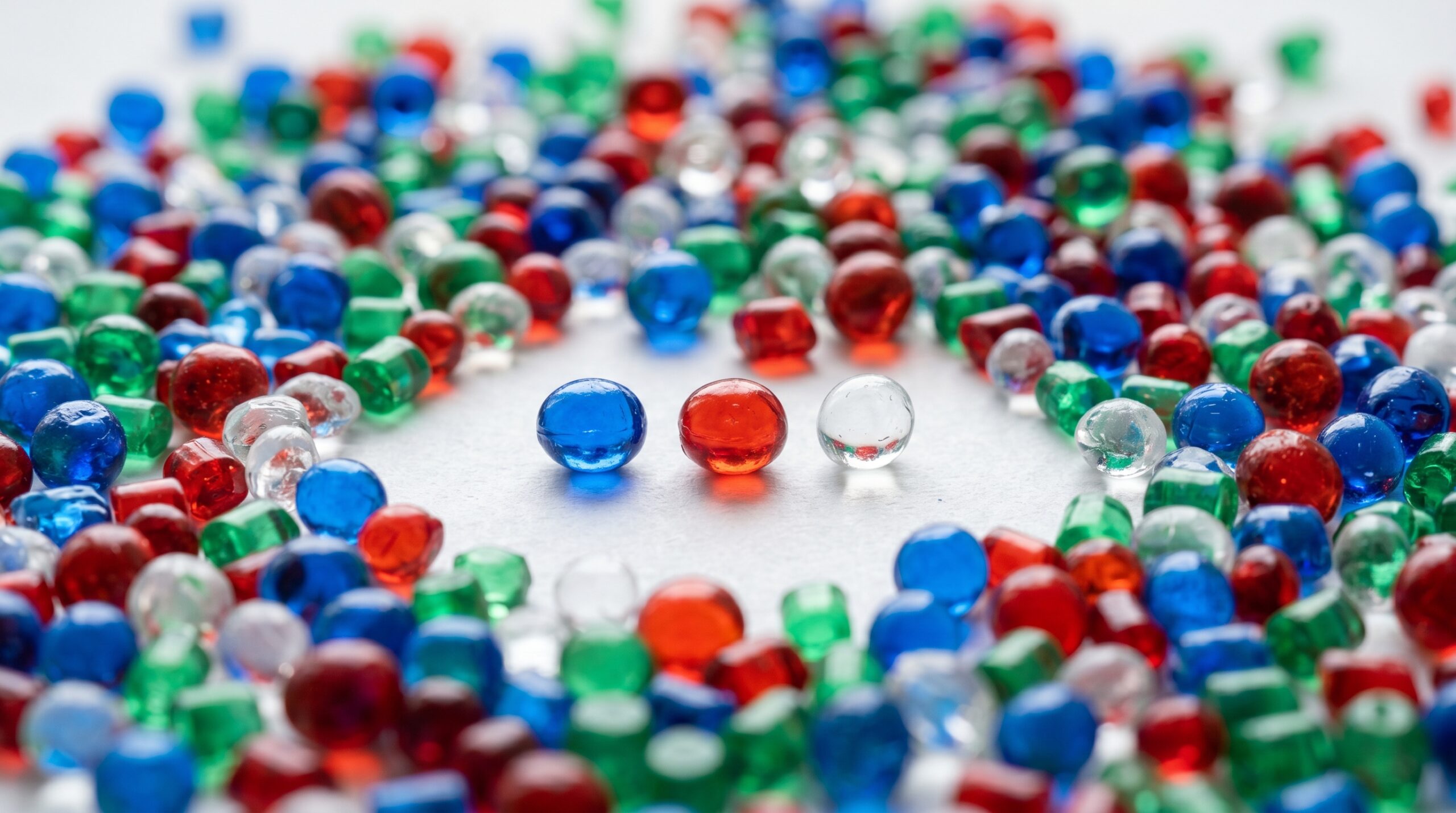 さまざまな色のプラスチック樹脂ペレットのクローズアップ
